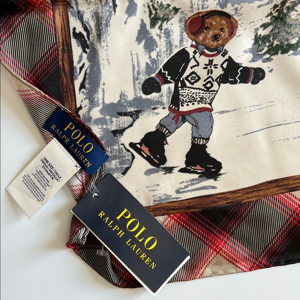 Polo Ralph Lauren Bear Winter Scarf Red Plaid Holiday Ski Skating Rare - Picture 7 of 17